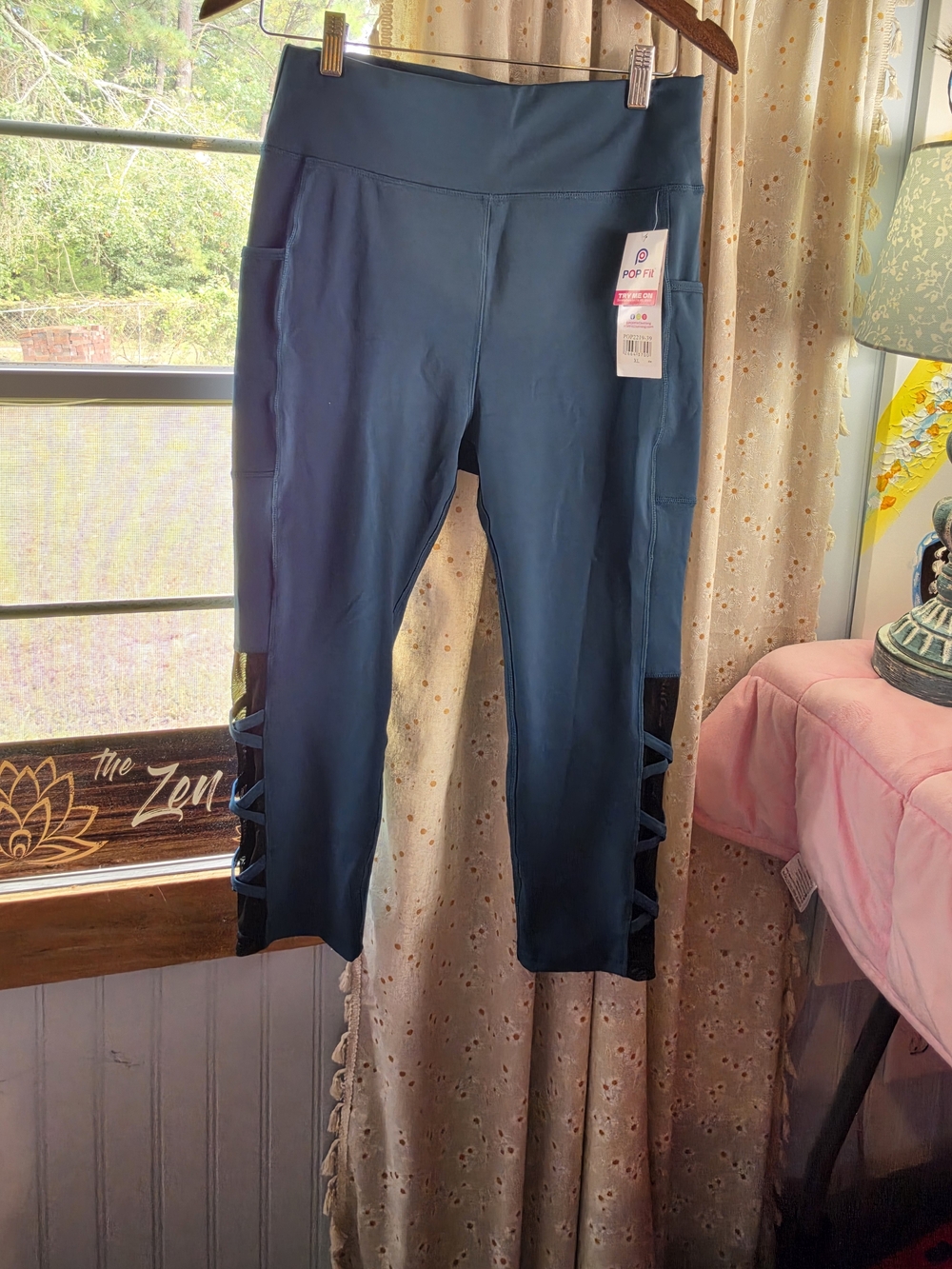 NWT POP Fit XL Teal Blue High Rise Leggings Mesh Criss Cross Pockets Activewear